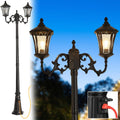 Dusk to Dawn Outdoor Lamp Post Lights with Outlet, Hardwired 2-Head Street Light Fixtures with Patterned Glass, Waterproof Outside Pole Lamps for Backyard, Garden, Driveway