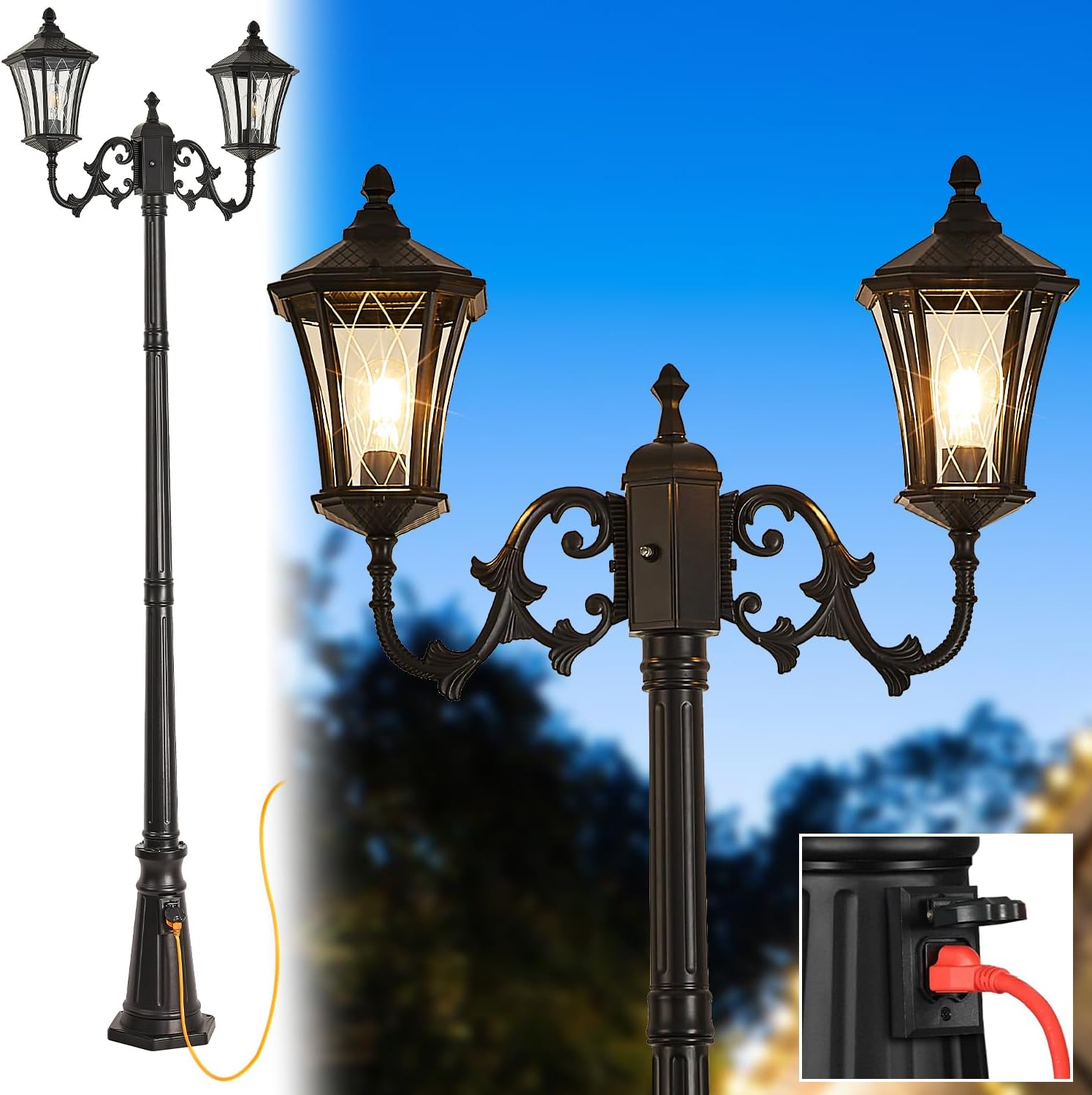 Dusk to Dawn Outdoor Lamp Post Lights with Outlet, Hardwired 2-Head Street Light Fixtures with Patterned Glass, Waterproof Outside Pole Lamps for Backyard, Garden, Driveway