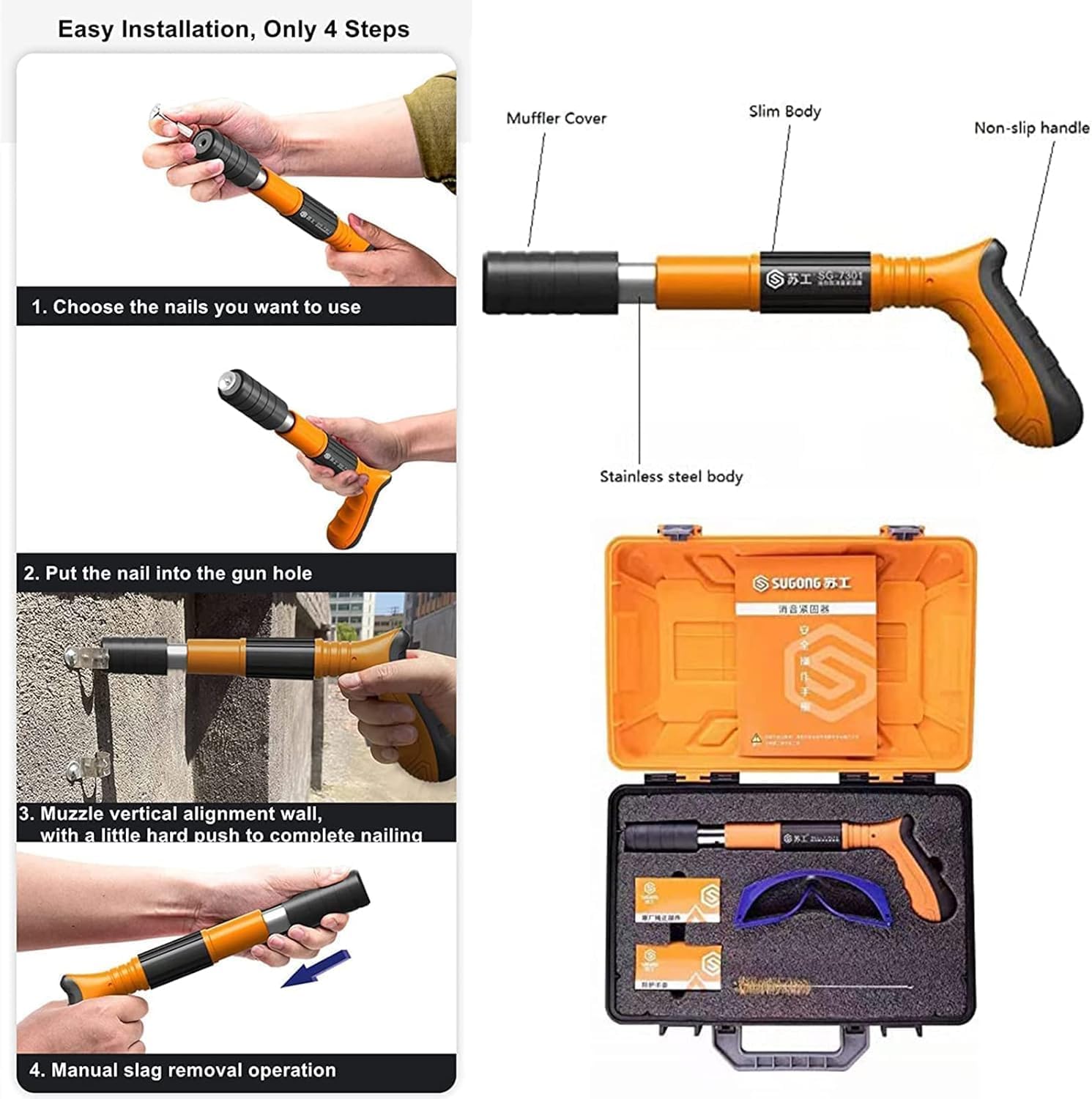 Manual Rivet Gun Tool with 100 Steel Nails, Double Silencer Design, Concrete Wall Anchor Fastener for Brick, Wood, Aluminum, Metal Construction with Carrying Case