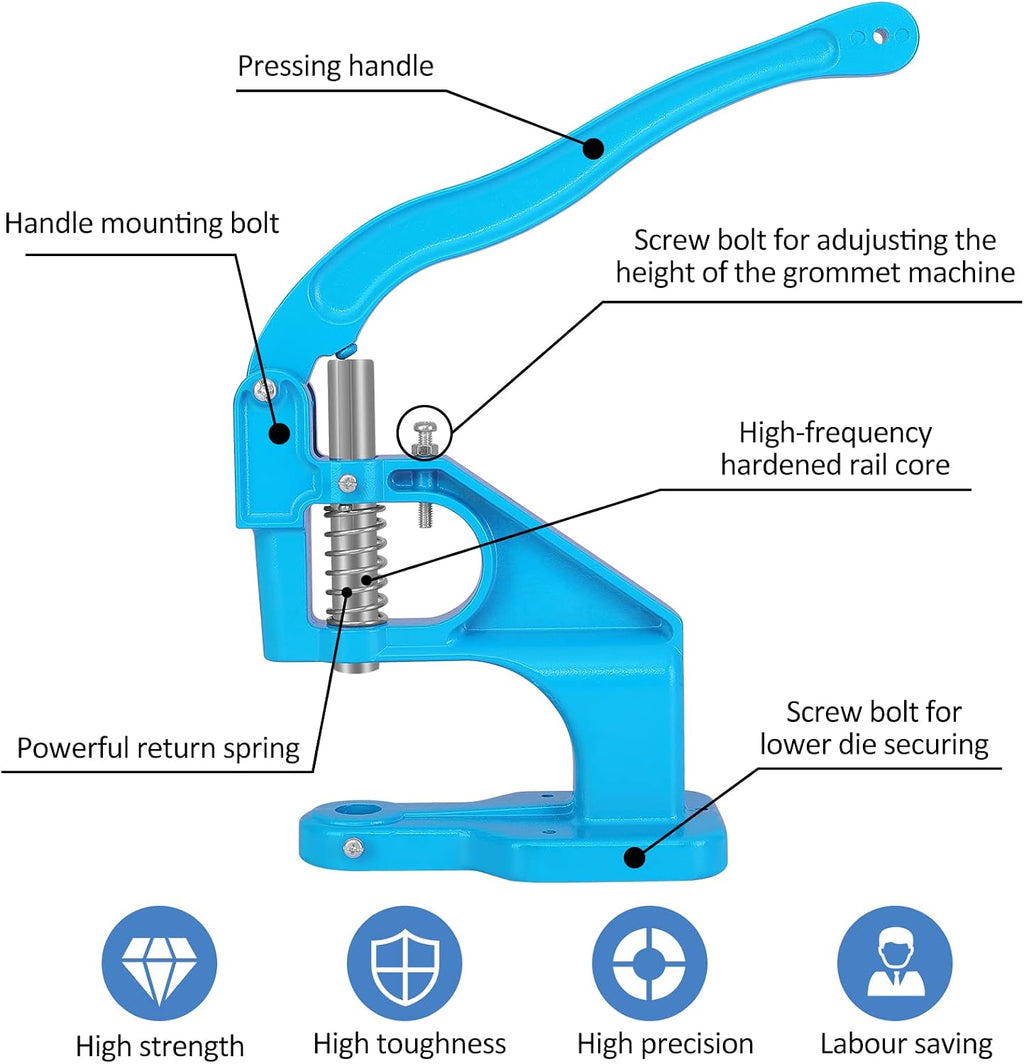 Hand Press Grommet Machine, Grommets Eyelet Tool Kit, Eyelet Punch Tool Kit with 1800 Pcs Grommets Eyelet and 9 Dies for Snap Buttons, Rivets Setting,Curtains,Belts,Bags,Shoes,Awning,DIY Craft