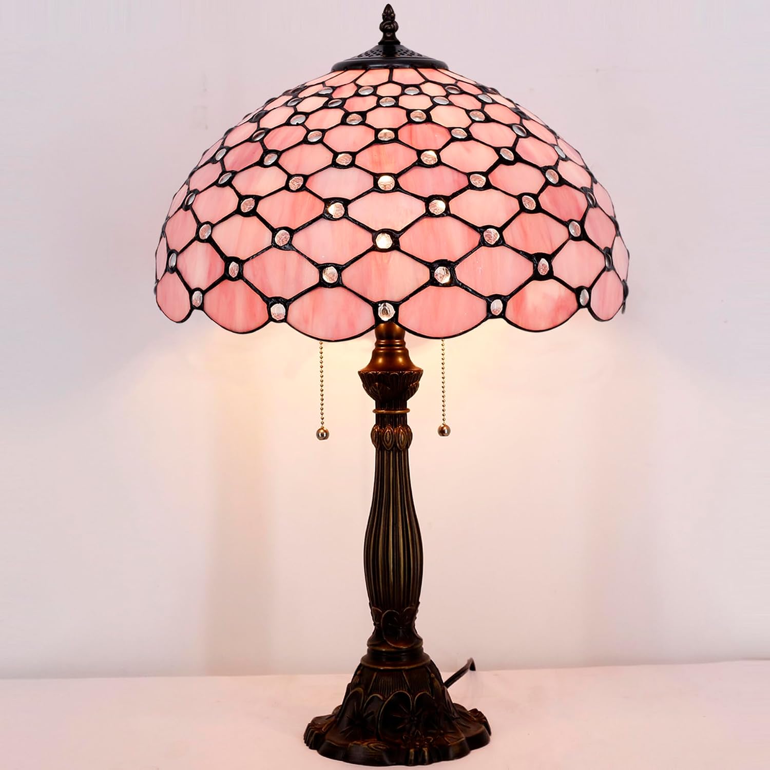 WERFACTORY Tiffany Table Lamp Stained Glass Bedside Lamp 16X16X24 Inches Pink Pearl Bead Desk Reading Light Resin Base Decor Bedroom Living Room Home Office S005P Series (Pink Bead)