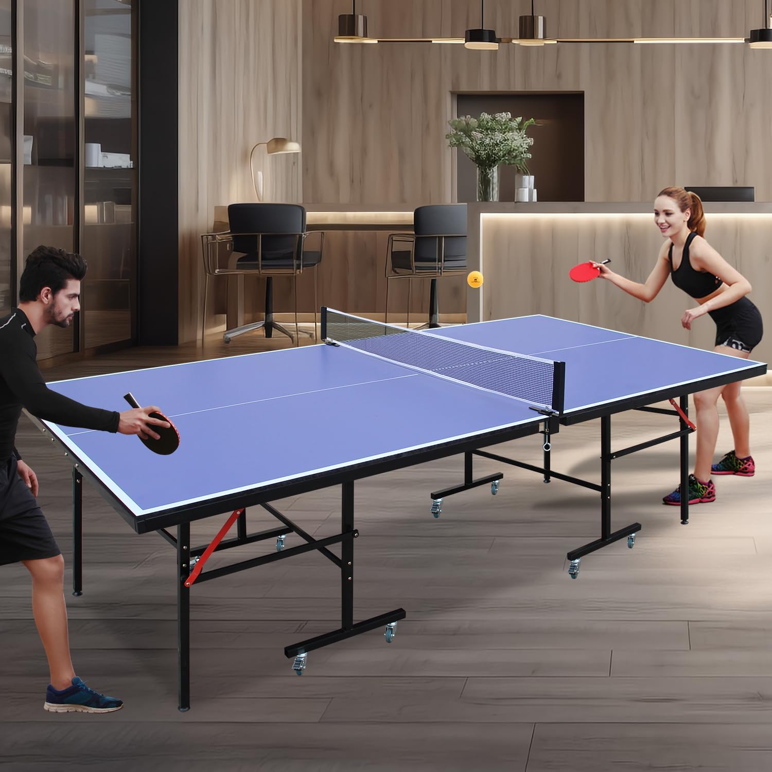 Ping Pong Table Foldable & Portable 6/8/9FT Table Tennis Table Set for Indoor & Outdoor Games with Net & Post, 2 Table Tennis Paddles and 3 Balls (Blue-8FT with Wheels)