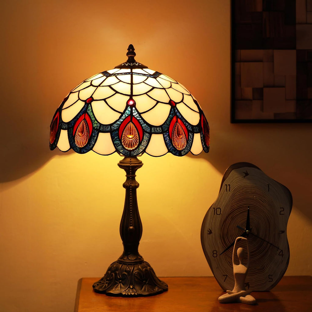 Tiffany Lamps Light Pink Peacock Tail Style Stained Glass Table Lamp Desk Bedside Reading Light 12X12X18.5 Inches with Bronze Resin Base Applicable to Bedroom Living Room Office