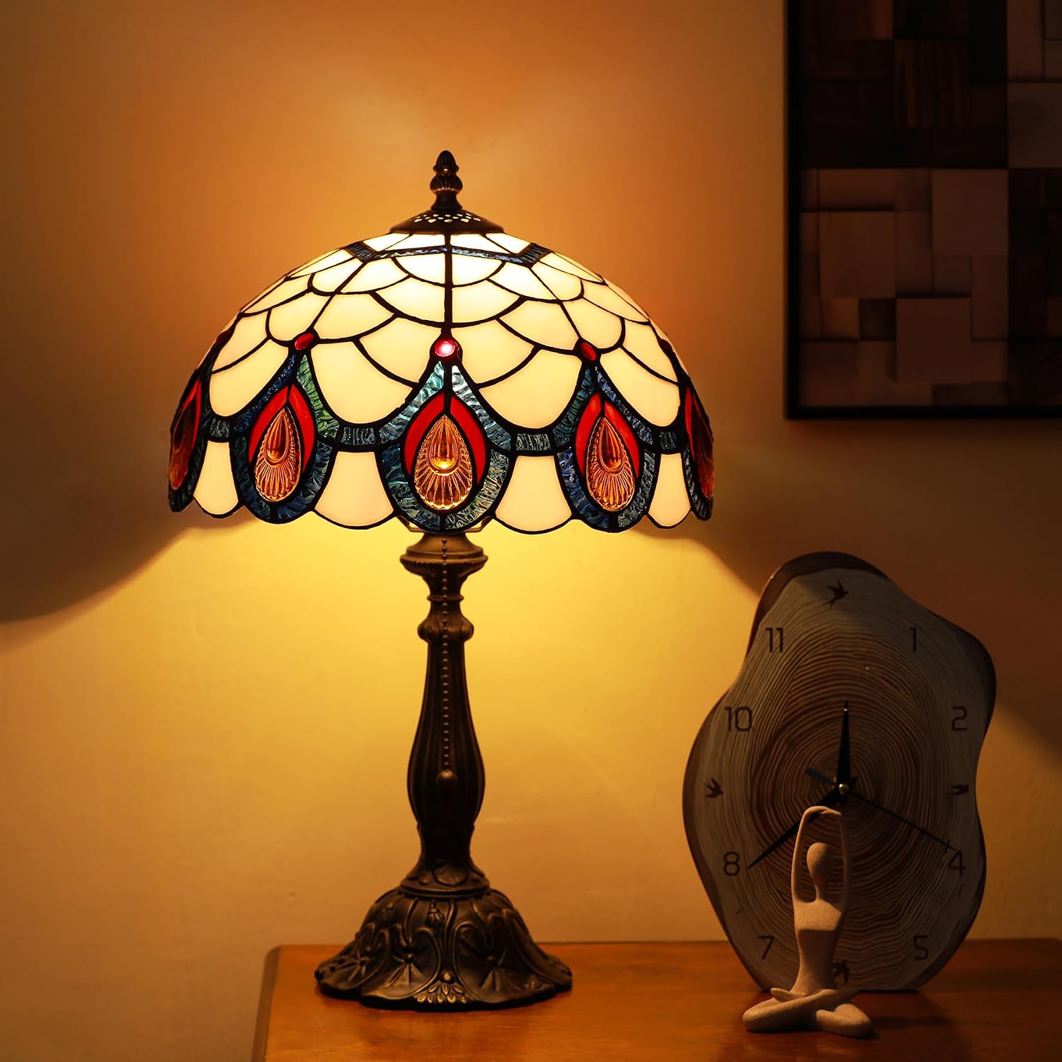 Tiffany Lamps Light Pink Peacock Tail Style Stained Glass Table Lamp Desk Bedside Reading Light 12X12X18.5 Inches with Bronze Resin Base Applicable to Bedroom Living Room Office