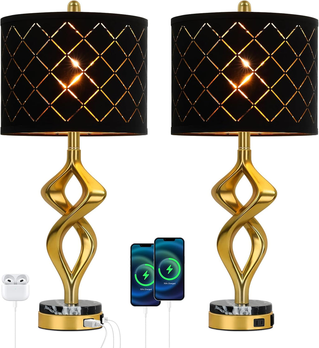 28.5' Modern Sculptural Living Room Table Lamps Set of 2 with USB Ports and Outlet, Gold Bedside Table Lamps with Black Marble Base, Nightstand Lamps for Bedroom with Luxurious Black Grid Lampshade