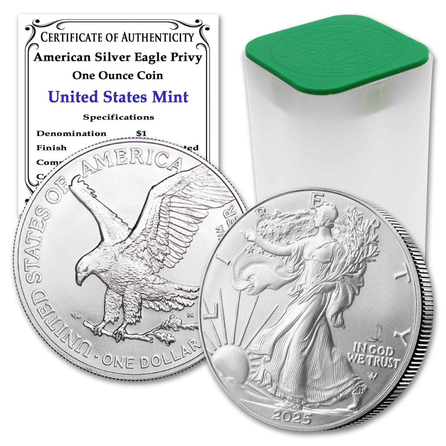 2025 - Lot of (10) 1 oz American Silver Eagle Coin Brilliant Uncirculated (Eagle Privy) with Certificates of Authenticity $1 Seller BU
