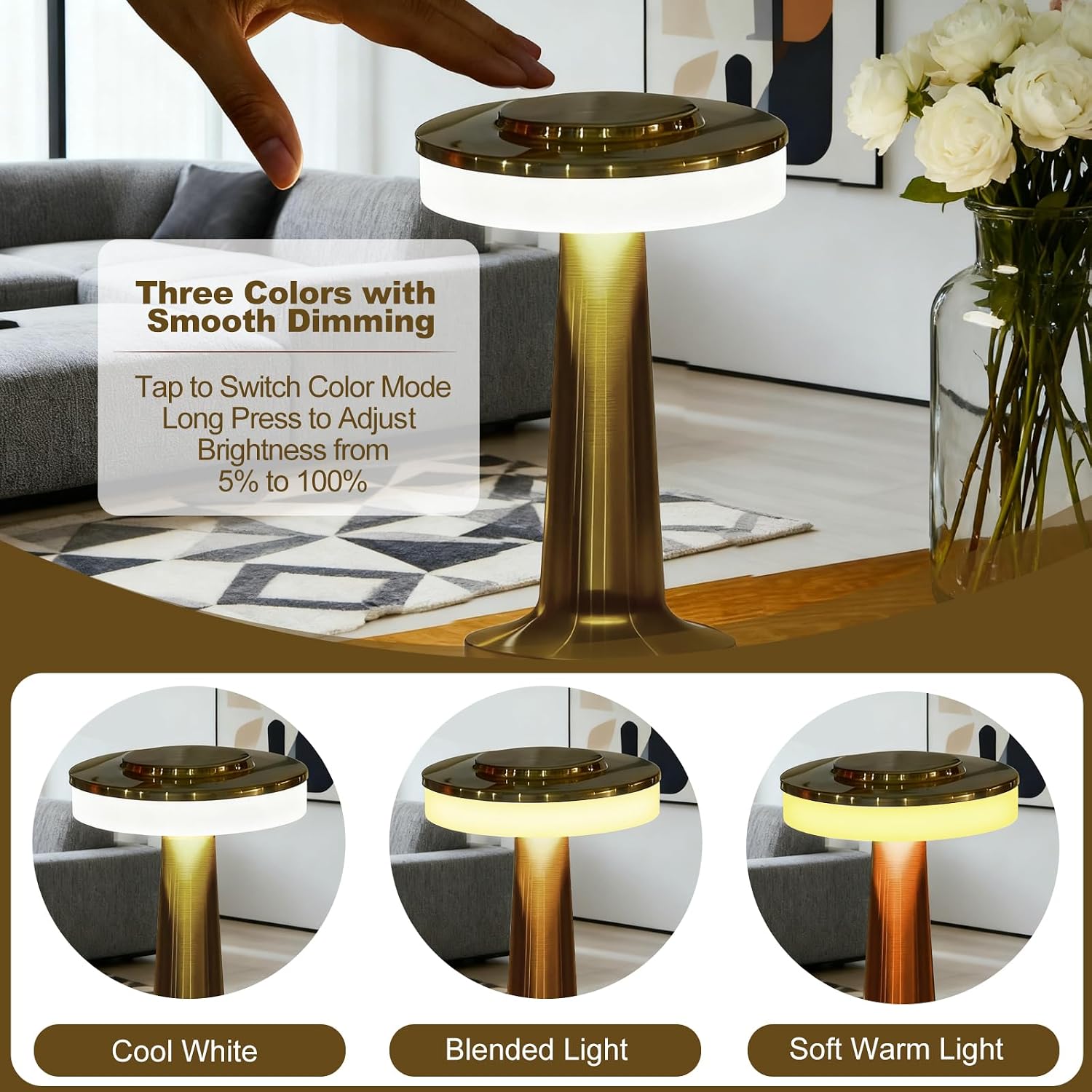16 Pcs Gold Cordless Table Lamps with Touch Sensor Portable 3 Color Dimming up LED Table Lamp 15 Hours Rechargeable Battery Desk Light for Living Room Nursery Restaurant