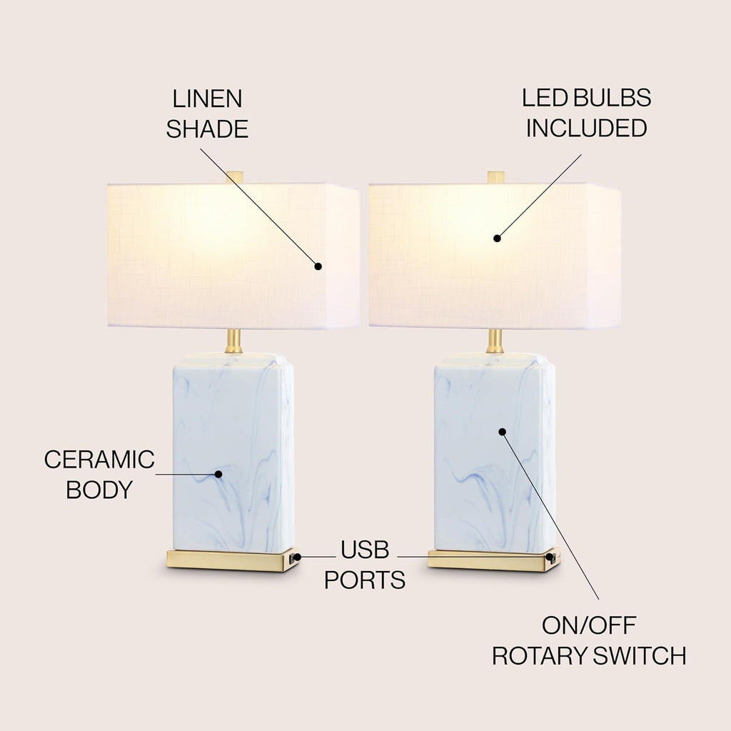 JONATHAN Y 24.5' Blue and White Marbled Ceramic LED Table Lamp Set of 2 with USB Port, Modern Coastal Iron Nightstand Lamp, Brass Gold Accents, LED Bulbs Included JYL1140A-SET2
