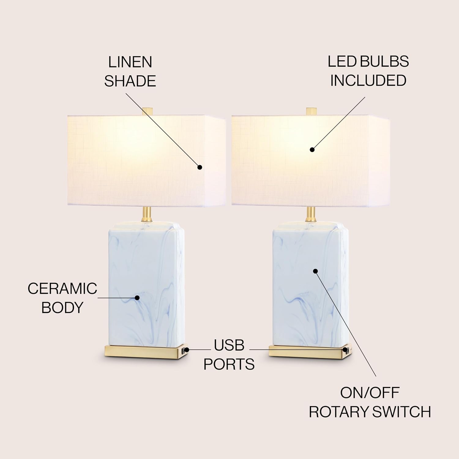JONATHAN Y 24.5' Blue and White Marbled Ceramic LED Table Lamp Set of 2 with USB Port, Modern Coastal Iron Nightstand Lamp, Brass Gold Accents, LED Bulbs Included JYL1140A-SET2