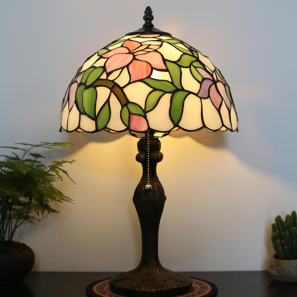 Tiffany Lamp Stained Glass Table Lamp Bedside Reading Lamp 12 x 19' Pink Flower Style Decorative Lamp for Desk Study Living Room Bedroom Office Decor Gift