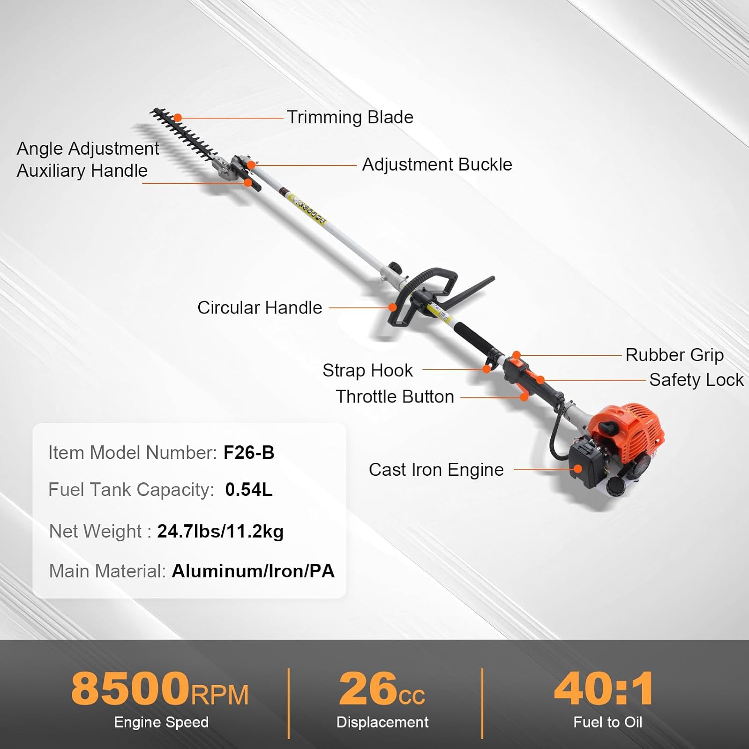 VEVOR Gas Hedge Trimmer 2 Cycle with Extension Pole, 15.7-inch 26cc Gas Powered Pole Hedge Trimmer with Dual Sided Dual Action Blade, Great for Trimming Shrubs, Bushes, w/EPA, CE and EMC Certification