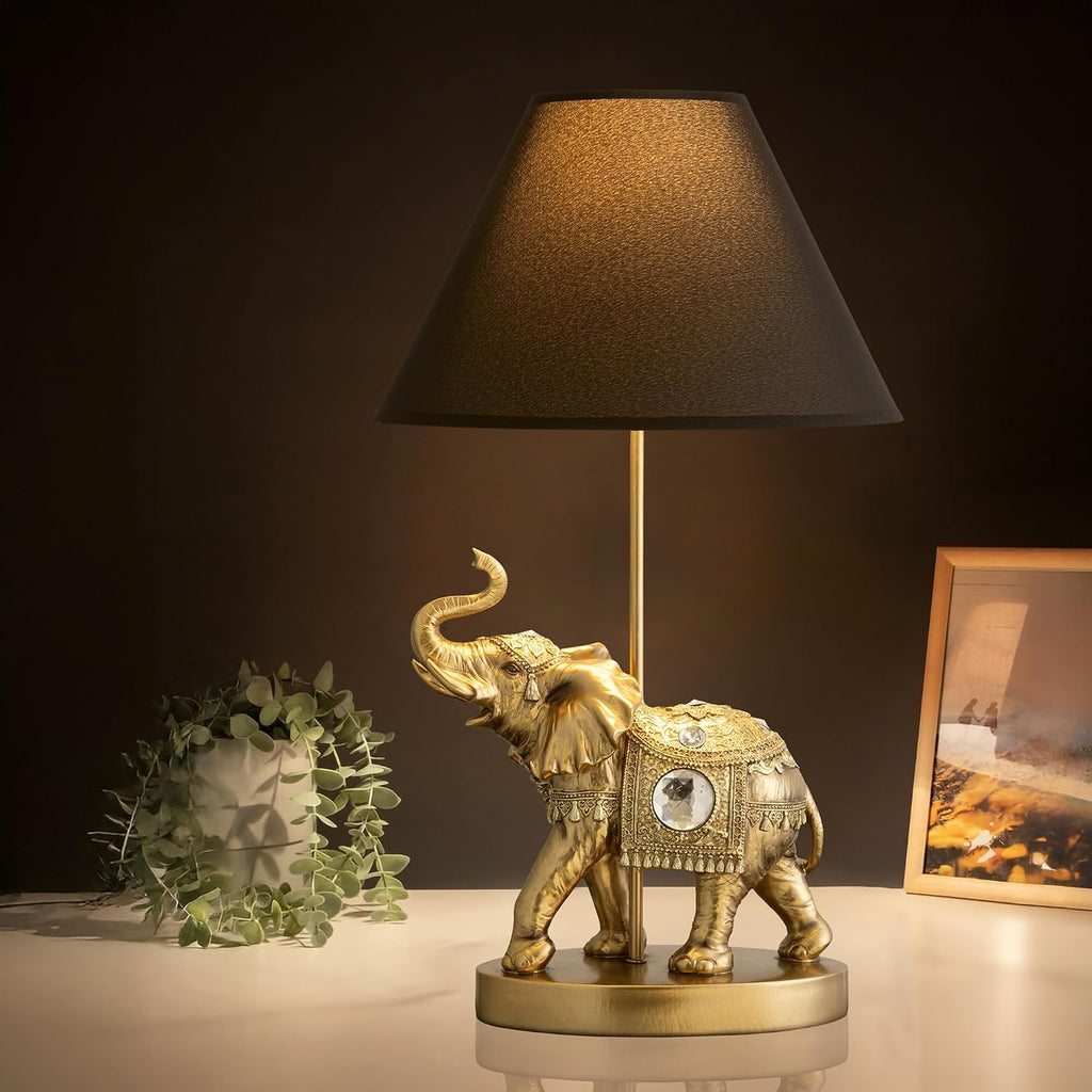 ICE ARMOR 18.5' Detailed Craftsmanship Golden Elephant Table Lamp - Bedside Light with Fabric Shade, Exotic Decor & Cultural Ambiance