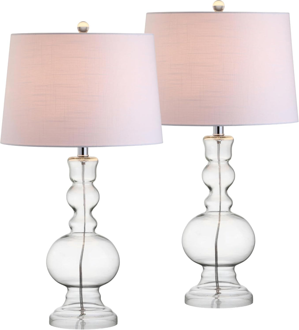JONATHAN Y 28.5' Clear Glass Table Lamp Set of 2 for Living Room Bedroom Decor, Modern Bedside Lamps with White Linen Shade, LED Bulbs Included (JYL1061B-SET2)