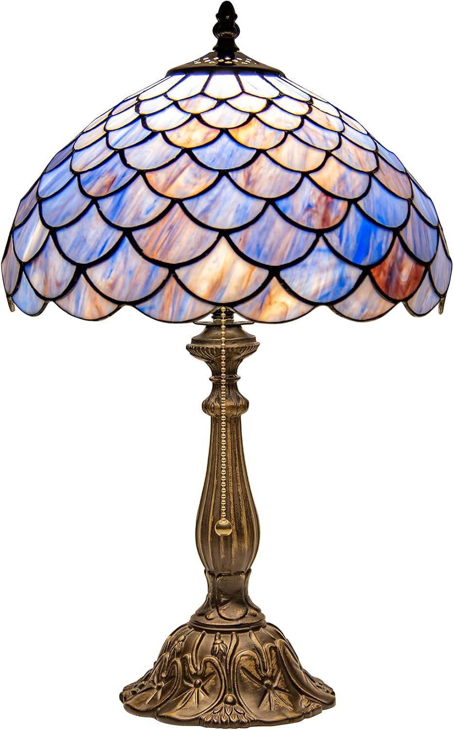 Tiffany Style Table Lamp Vintage Stained Glass Desk Lamp Deep Blue Purple Fish Scales Bedside Reading Light Decor Bedroom Living Room Home Office D12 xH18
