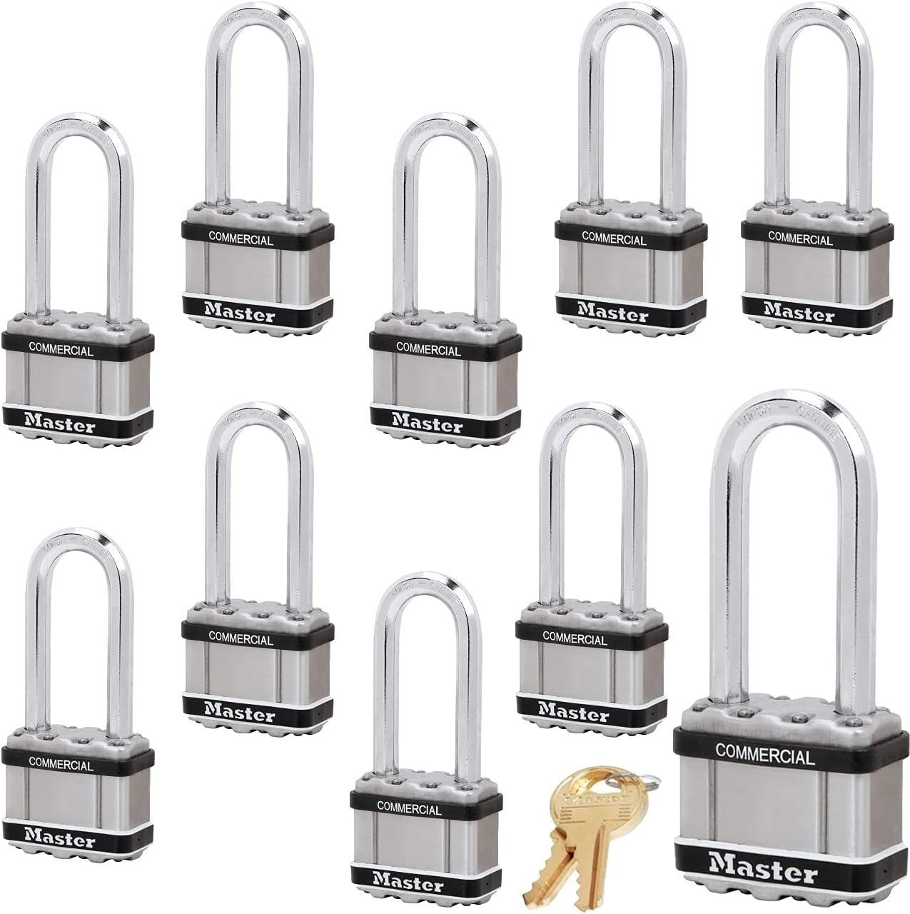 Master Lock Magnum Padlock - 2' W x 2-1/2'L Shackle, Ten (10) Keyed Alike Locks w/20 Keys, M5NKALJSTS-10 w/BumpStop Technology