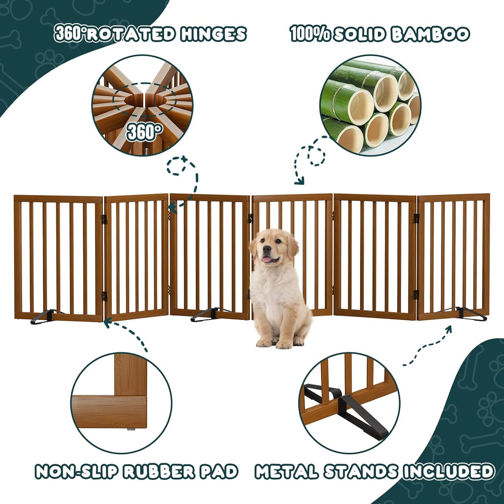Semiocthome Walnut Dog Gates for Doorways, 6-Panel Freestanding Dog Gate Indoor for the House Stairs, 24' H Foldable Wooden Pet Gates with 4PCS Metal Stands, Expands Up to 110' (W)