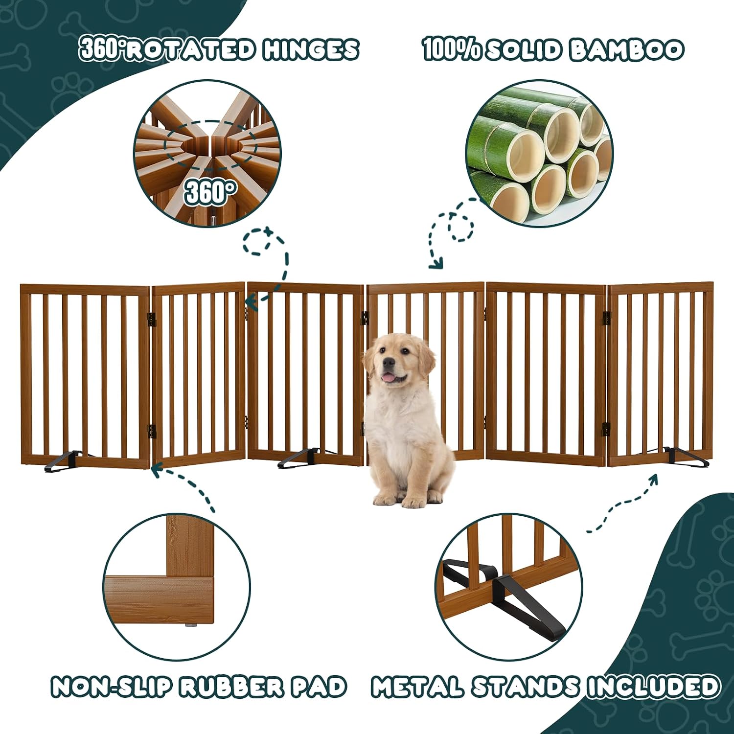 Semiocthome Walnut Dog Gates for Doorways, 6-Panel Freestanding Dog Gate Indoor for the House Stairs, 24' H Foldable Wooden Pet Gates with 4PCS Metal Stands, Expands Up to 110' (W)