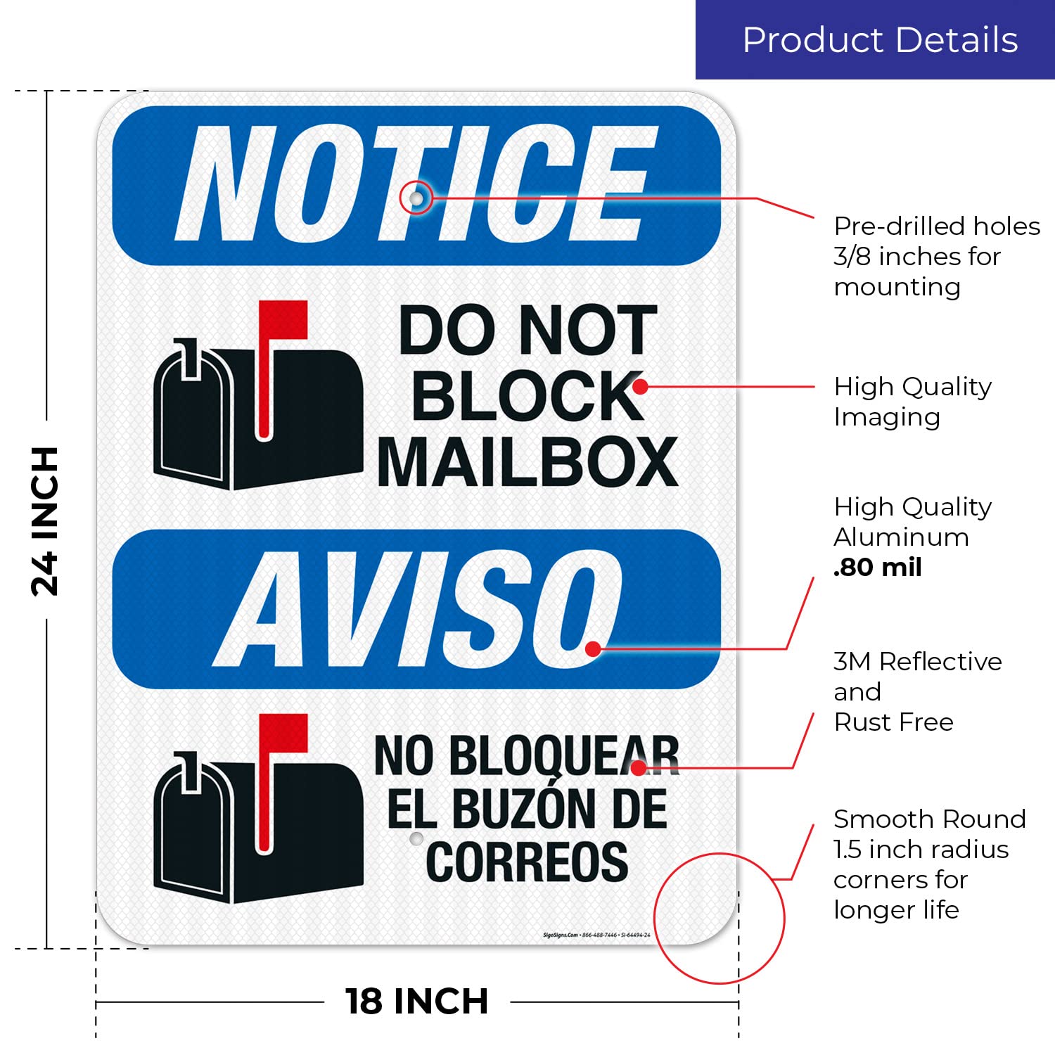 Do Not Block Mailbox Bilingual Sign, 18x24 Inches, 3M EGP Reflective with Post & Cast Iron Base Stand Set Made in USA by Sigo Signs