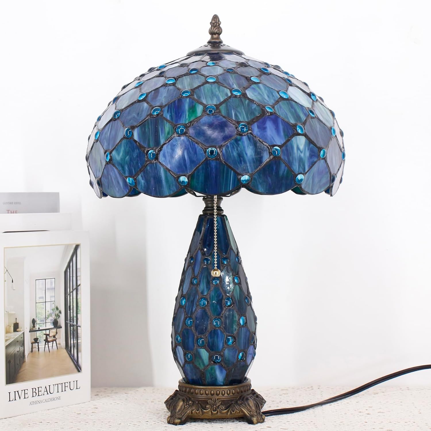 Tiffany Lamp Stained Glass Table Lamp 12X19 Inches Mother Daughter Vase Desk Accent Night Light for Bedroom Bedside Reading Home Antique Style (Blue Beads)