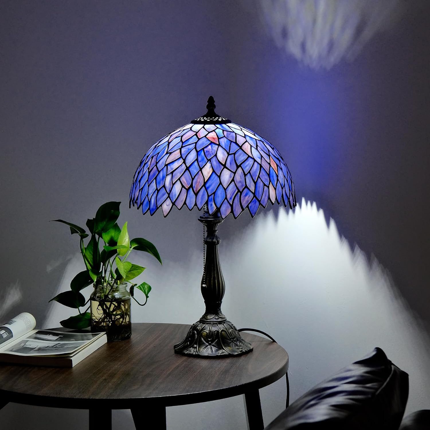 Tiffany Style Table Lamp Vintage Stained Glass Desk Lamp Deep Blue Purple Wisteria Bedside Reading Light Decor Bedroom Living Room Home Office D12 xH18