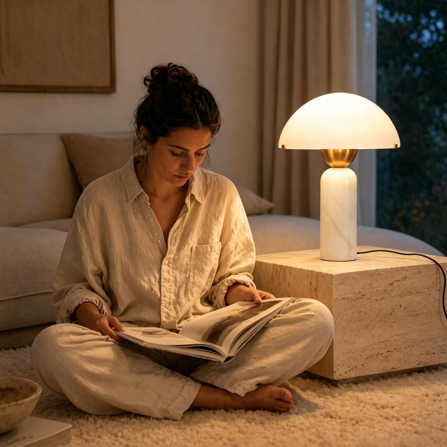 Modern Natural Marble Table Lamp Frosted Glass Shade White Marble Desk Lamp Dome Shaped Mid-Century Accent Lamp Living Room Side Lamps Bedroom Bedside Nightstand Light