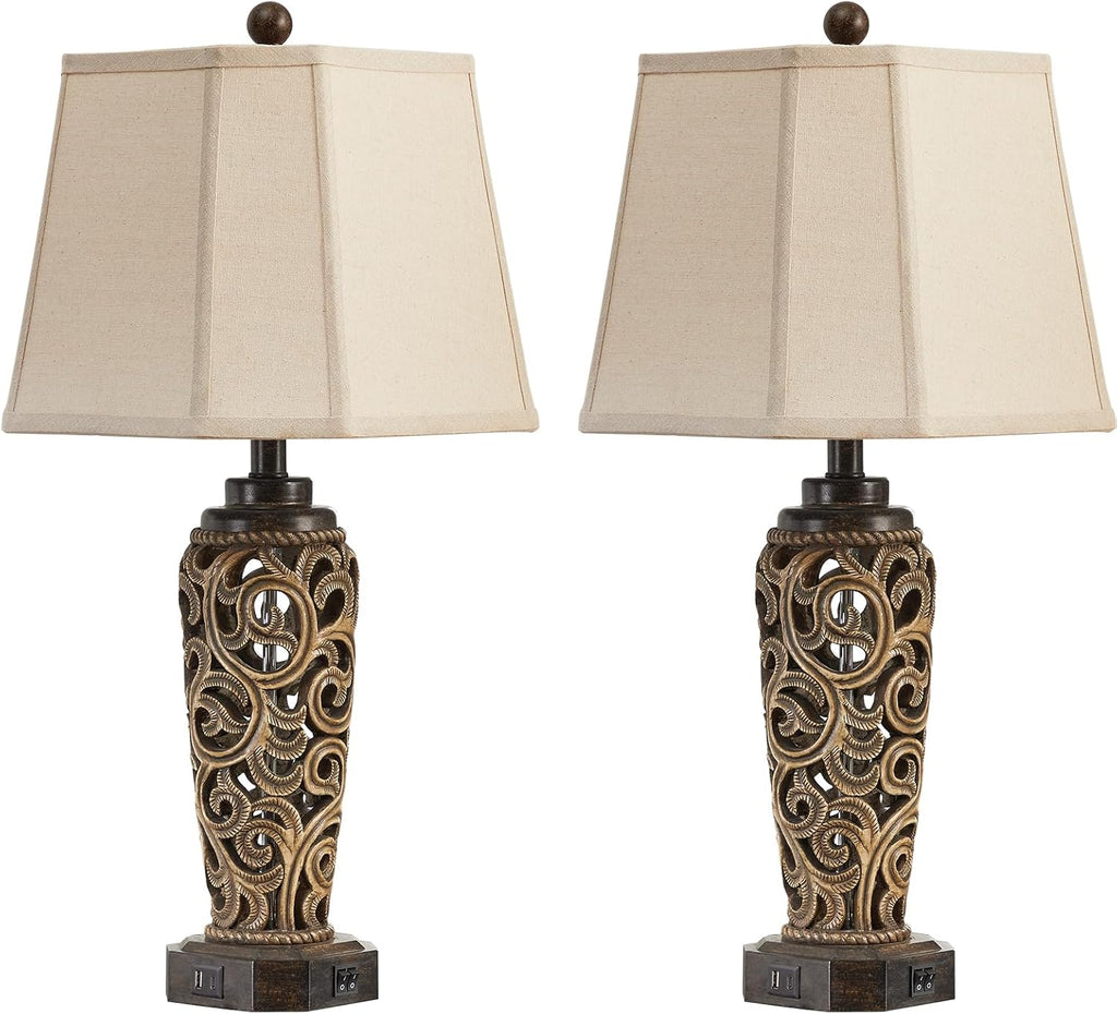 AIEAMPDO 27' Set of 2 Farmhouse Table Lamps for Living Room with USB A+C Ports, Vintage Nightstand Bedroom Lamp and Nightlight, Hollow Out Resin Desk Lamps, 2 Bulbs Include
