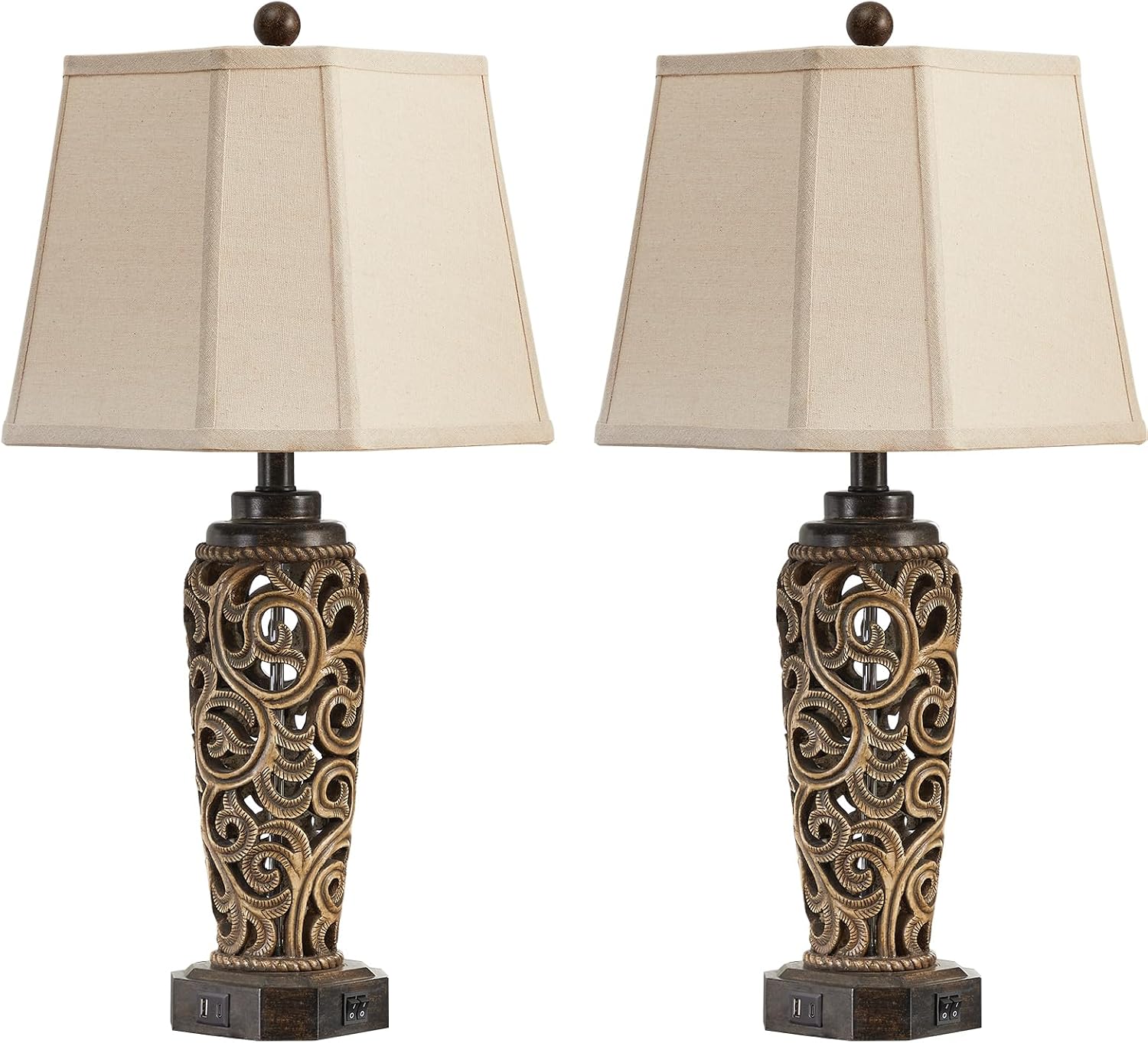 AIEAMPDO 27' Set of 2 Farmhouse Table Lamps for Living Room with USB A+C Ports, Vintage Nightstand Bedroom Lamp and Nightlight, Hollow Out Resin Desk Lamps, 2 Bulbs Include