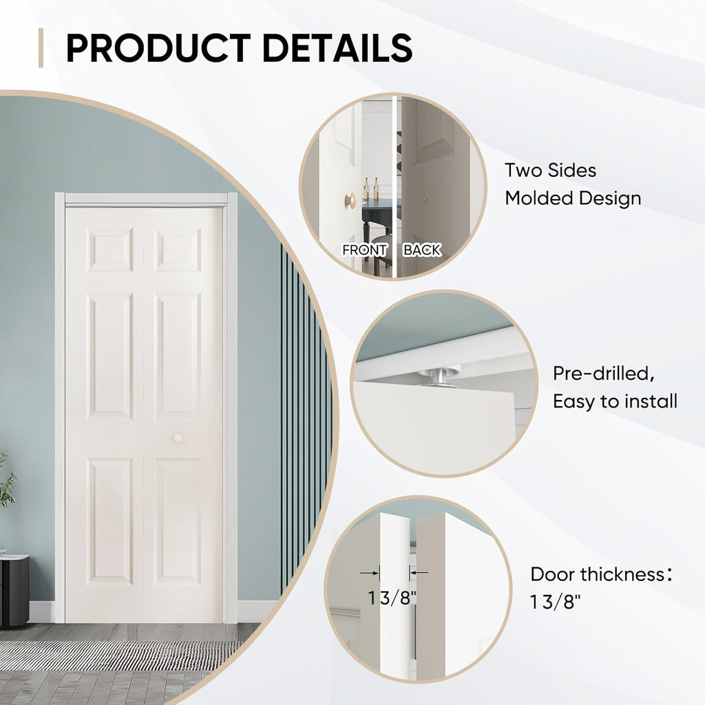 JUBEST Bifold Doors, 6 Panel Primed Bifold Closet Doors for 30'x80' Door Opening, Modern White Hollow Core Bi-Fold Door Slab with Hardware Kit & Knob, Widely Used, Primed
