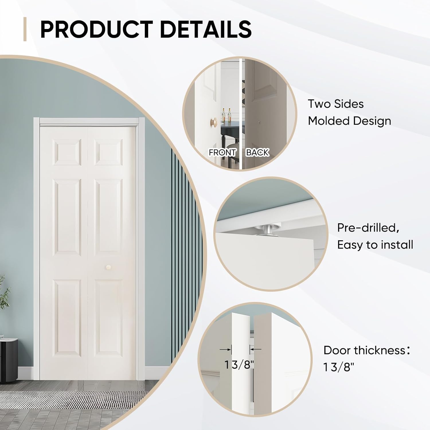 JUBEST Bifold Doors, 6 Panel Primed Bifold Closet Doors for 30'x80' Door Opening, Modern White Hollow Core Bi-Fold Door Slab with Hardware Kit & Knob, Widely Used, Primed