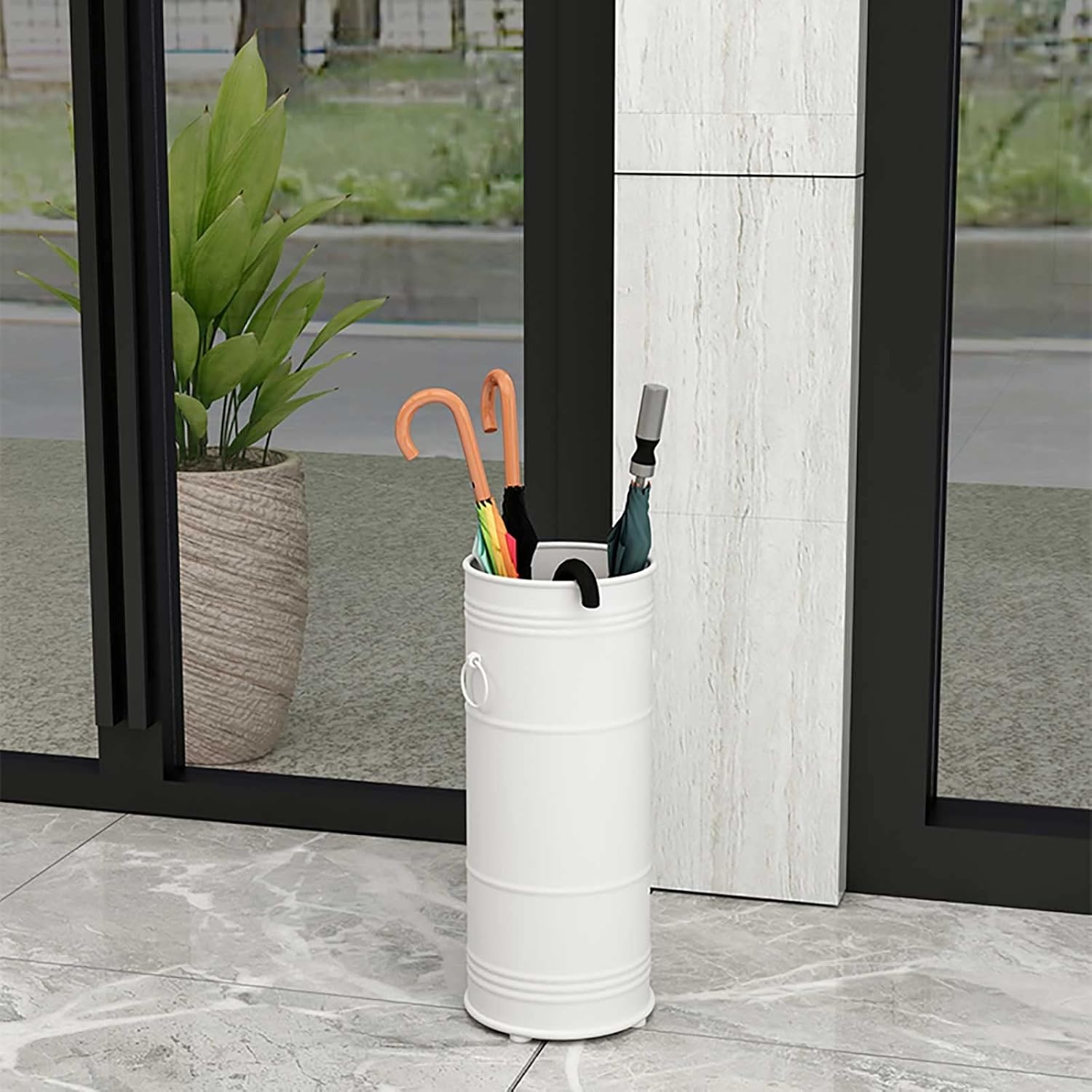 Metal Umbrella Holder Stand - Creative Postbox Type Umbrella Holder Rack Simple and Stylish with Drip Tray and 4 Hooks - for Canes Walking Sticks Entryway Office, Black (Color : White)