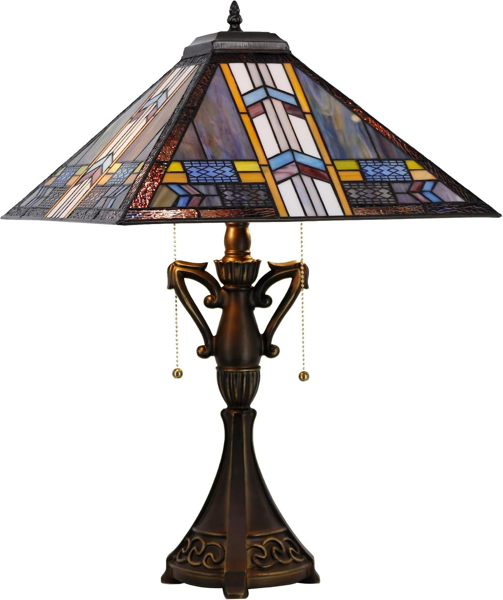 Tiffany Table Lamp Stained Glass Blue Cloudy Mission Style Desk Reading Light 16X16X24 Inch for Bedroom Living Room Home Office