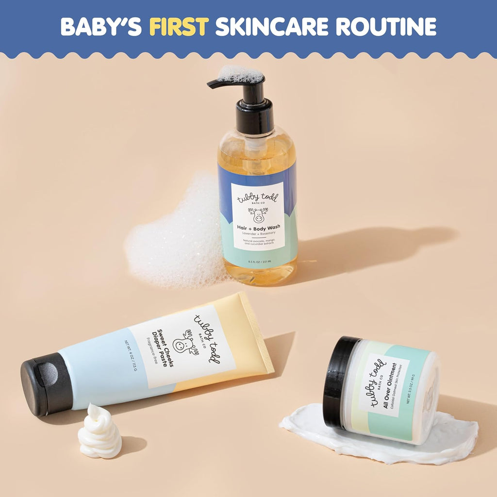 Tubby Todd Baby Bundle Newborn Skin Care Set | Hypoallergenic Hair + Body Wash, All Over Ointment Sweet Cheeks Diaper Paste, Full Size, Lavender Rosemary