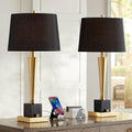 Possini Euro Design Wayne Modern Table Lamps 29 1/4' Tall Set of 2 with USB Charging Port Brass Gold Black Tapered Drum Shade for Bedroom Living Room Nightstand Bedside Night Stand Office Kids Room