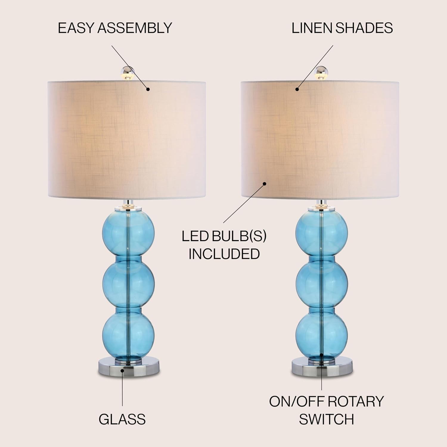 JONATHAN Y 27' Sky Blue/Chrome Triple-Sphere Glass Table Lamp Set of 2, Bedside, White Linen Shade, Modern Table Lamps for Living Room, Bedroom, Office, LED Bulbs Included (JYL1070C-SET2)
