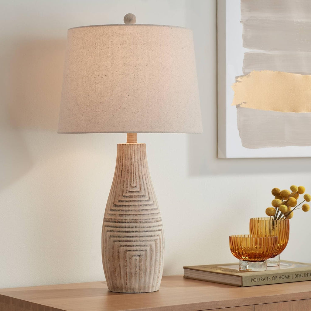 John Timberland Chico Rustic Southwest Natural Cottage Core Table Lamp 27' Tall Faux Light Wood Oatmeal Fabric Drum Shade for Living Room Bedroom House Bedside Nightstand Home Office Reading