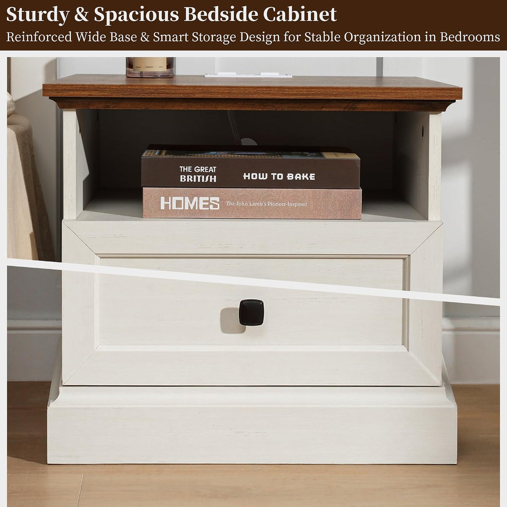 Night Stand with Charging Station, Bedside Table with 2 Drawers Storage and Open Shelf, 20' Wider Farmhouse White Nightstand with Outlets, Wood Modern End Table for Bedroom Office