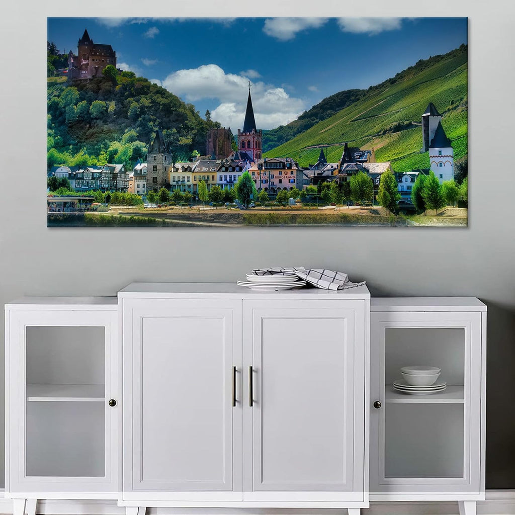 European Hillside Townscape Poster Vintage Medieval Castle Wall Art Colorful Print Vineyard Hills Backdrop Decor Romantic Rhine Valley Canvas Apartment Living Room Artwork 24x48inch Framed