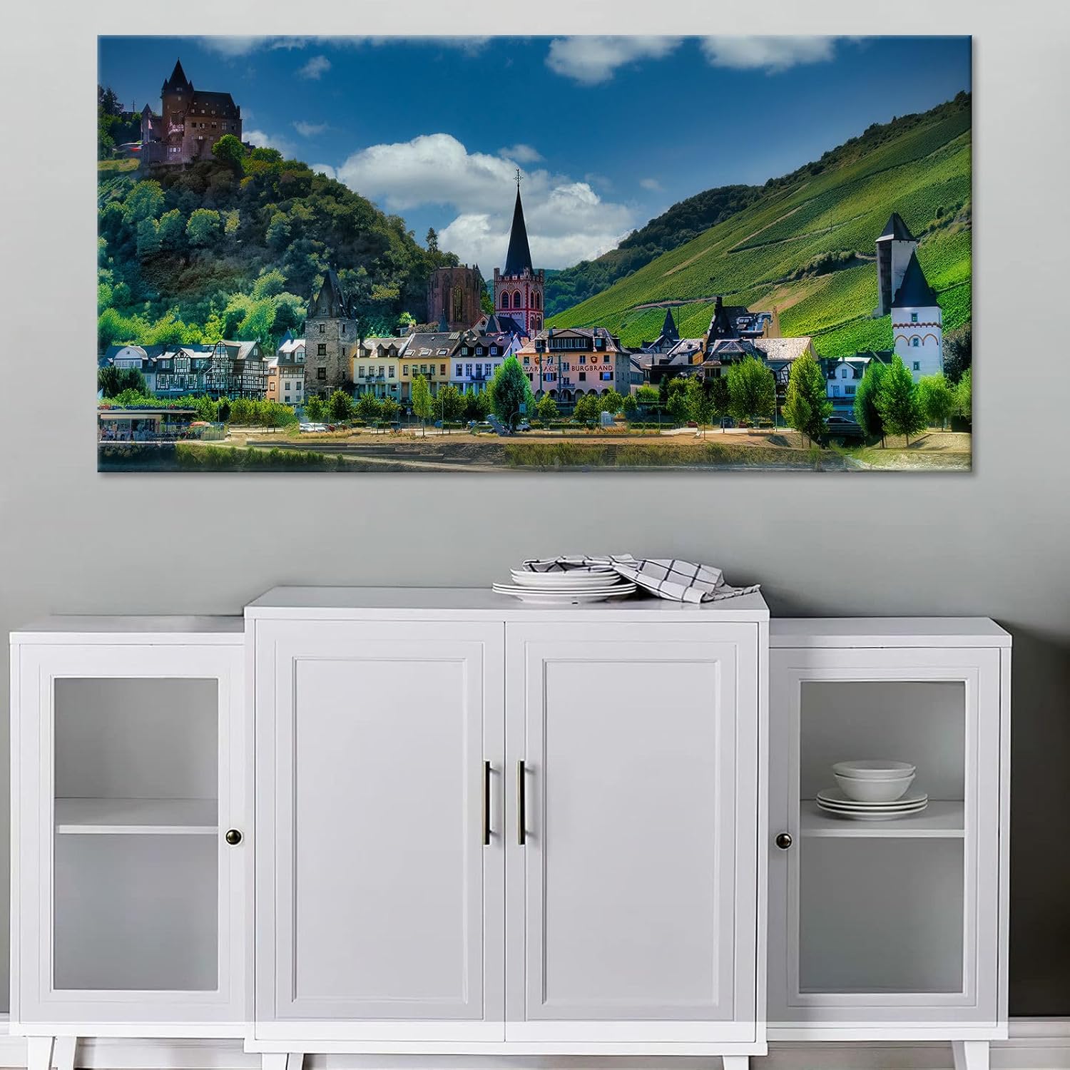 European Hillside Townscape Poster Vintage Medieval Castle Wall Art Colorful Print Vineyard Hills Backdrop Decor Romantic Rhine Valley Canvas Apartment Living Room Artwork 24x48inch Framed