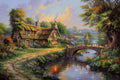 30 Original Art in Style of ThomasKinkade Oil Painting Landscape 037, Coutry Cottage Wall decor, River Canvas Art Bridge, Spring Village, Handmade American Idyllic Works by College Teachers 2