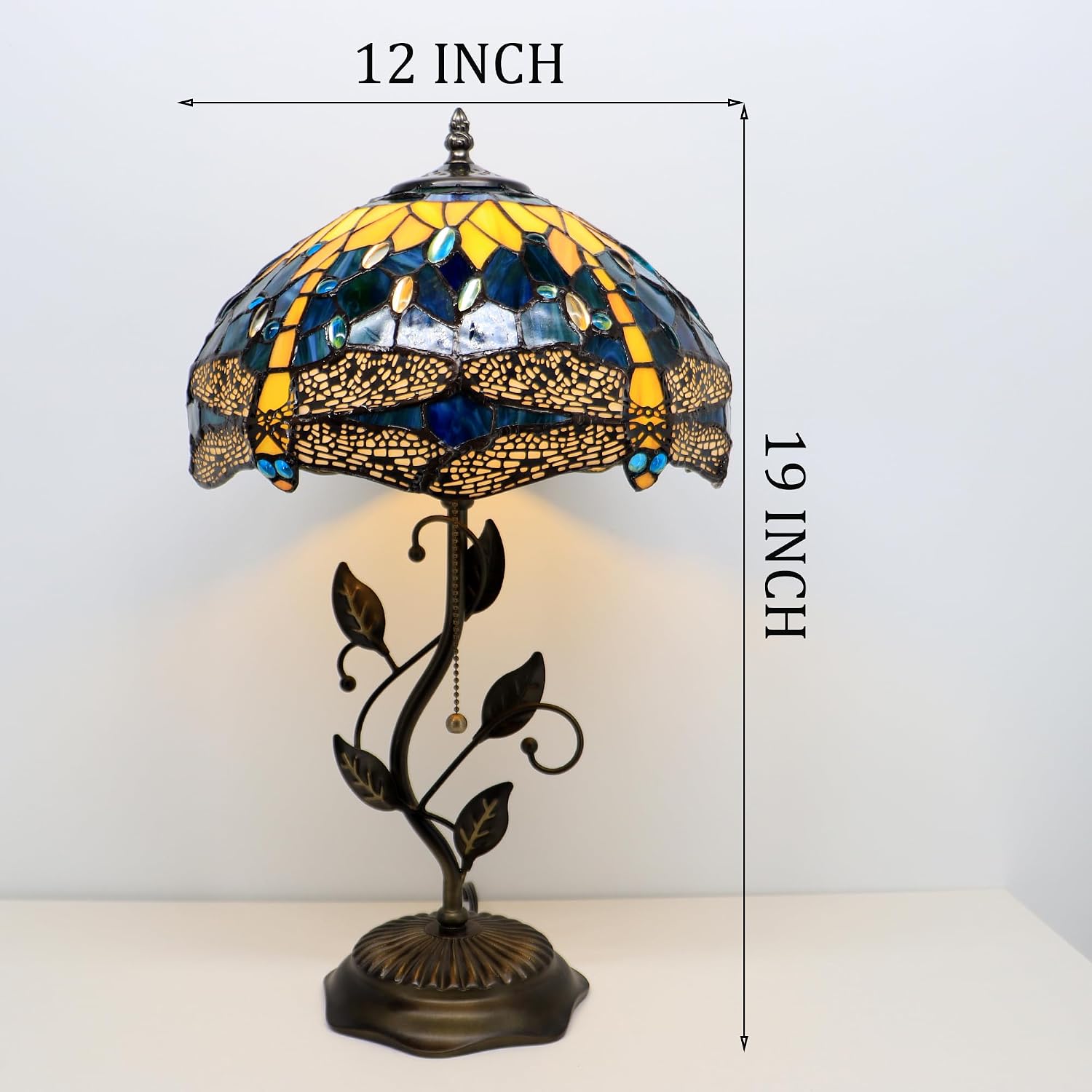 Tiffany Lamp Yellow Dragonfly Style Stained Glass Table Lamp Desk Bedside Reading Light 12X12X19 Inches with Metal Leaf Base