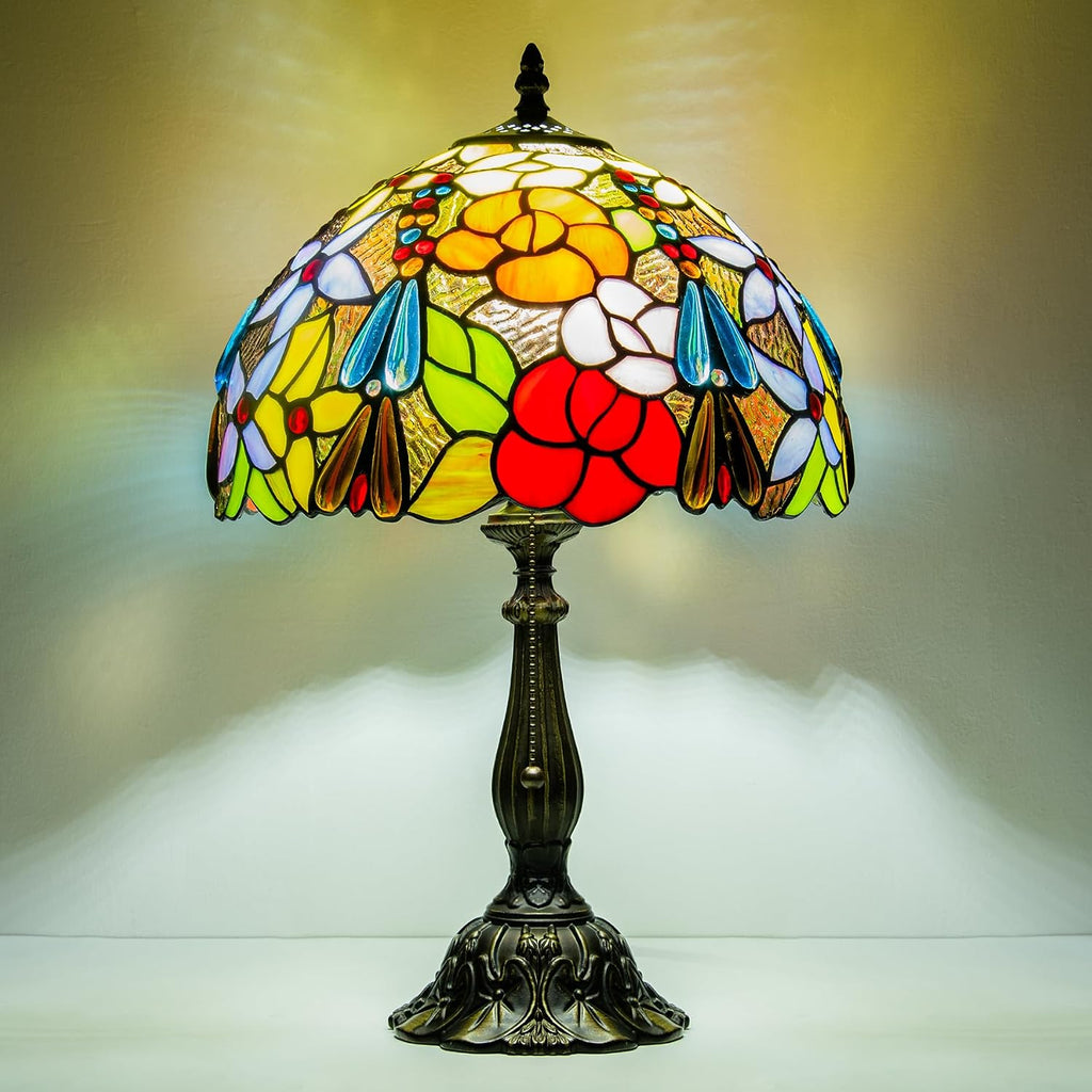 Tiffany Style Table Lamp, Stained Glass Bedside Lamp with Flower Floral Design, Vintage Handcrafted Nightstand Lamp for Living Room Bedroom Home Office