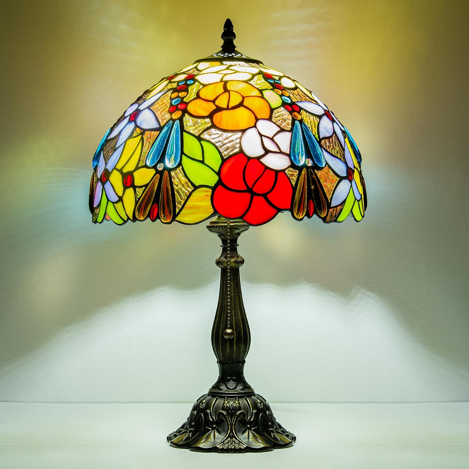 Tiffany Style Table Lamp, Stained Glass Bedside Lamp with Flower Floral Design, Vintage Handcrafted Nightstand Lamp for Living Room Bedroom Home Office