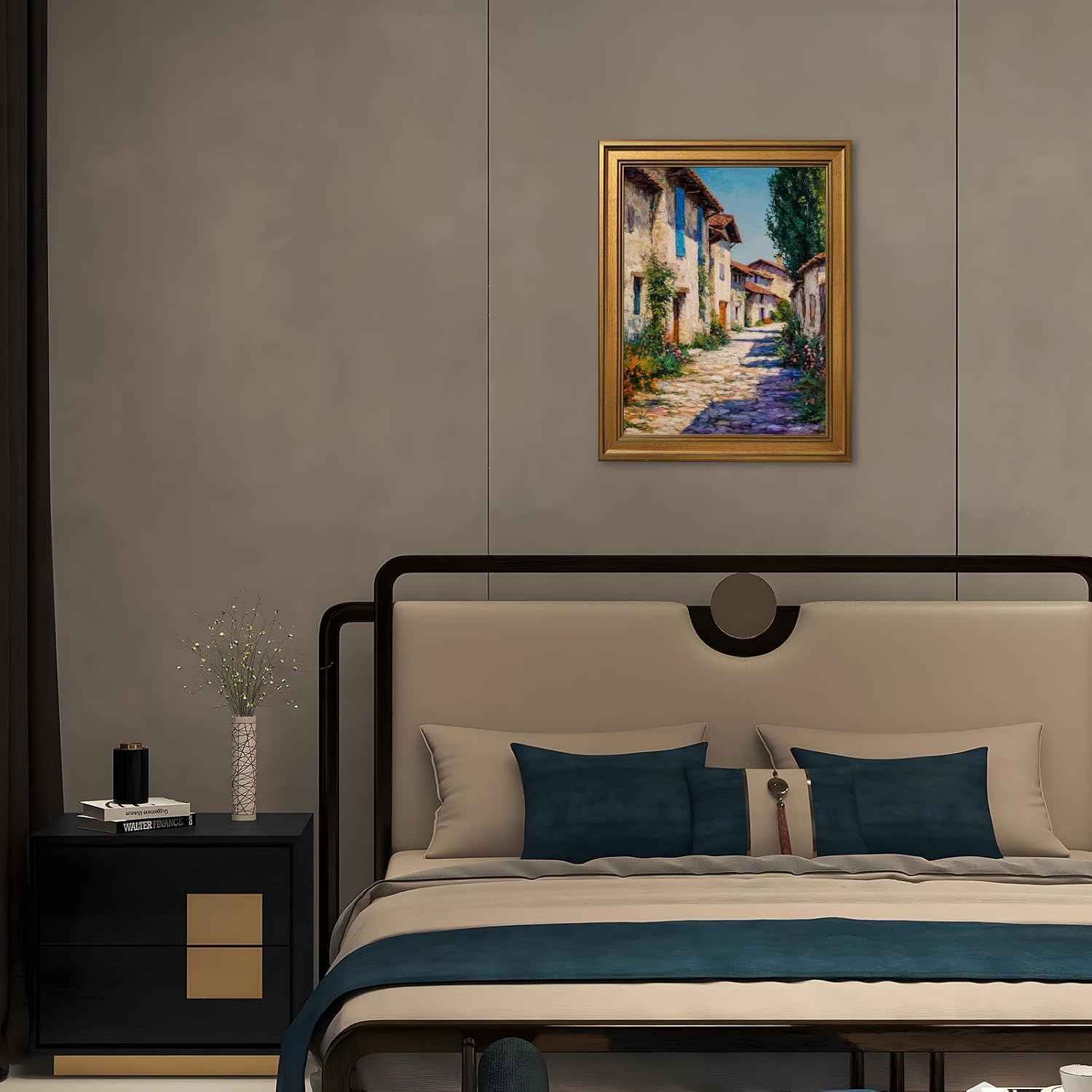Large Gold Framed European Village Street Oil Painting Poster Vintage French Old Town Landscape Wall Art Countryside Floral Cottage Flowers Path Canvas Prints for Coastal Home Decor 24x36inch