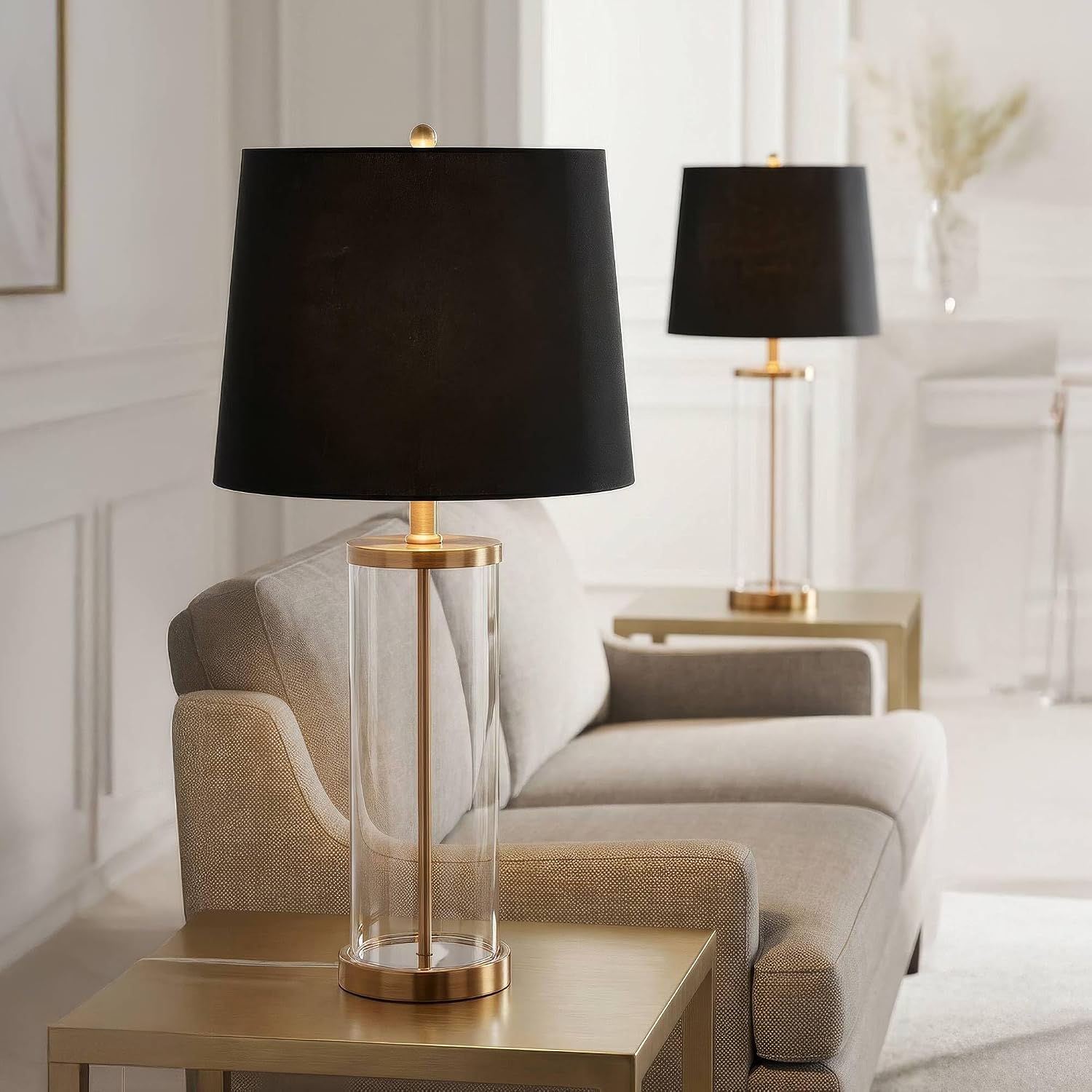 360 Lighting Modern Table Lamp Fillable 26' High Warm Gold Clear Glass Cylinder Black Hardback Drum Shade Decor for Living Room Bedroom House Bedside Nightstand Home Office Family Entryway