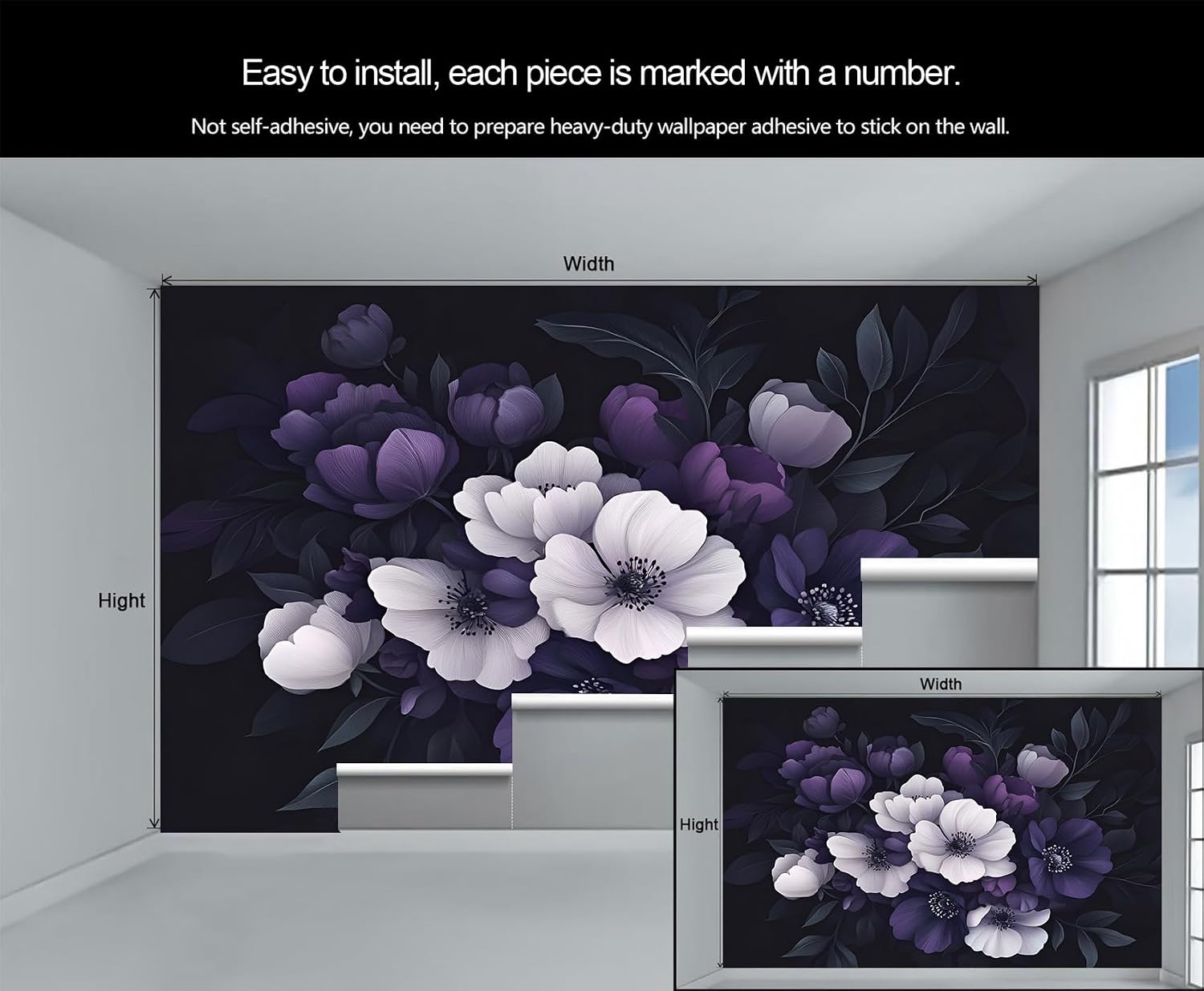 Purple Flowers Wall Mural, European Floral Mural Wallpaper, Retro Flowers Wallpaper Mural, for Bedroom Office Living Room Wall Artwork Decor (Not Peel n' Stick)