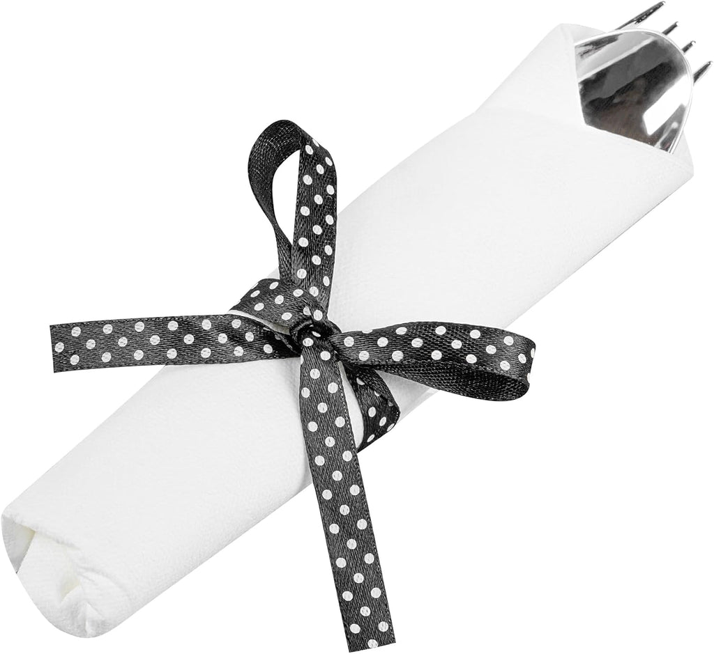 Restaurantware-7.3 Inch x 2 Inch Plastic Cutlery Sets, 100 Flatware Sets - Polka Dot Ribbon, With White Napkin, Individually Wrapped, Silver Plastic Disposable Cutlery Sets, For Weddings And Events