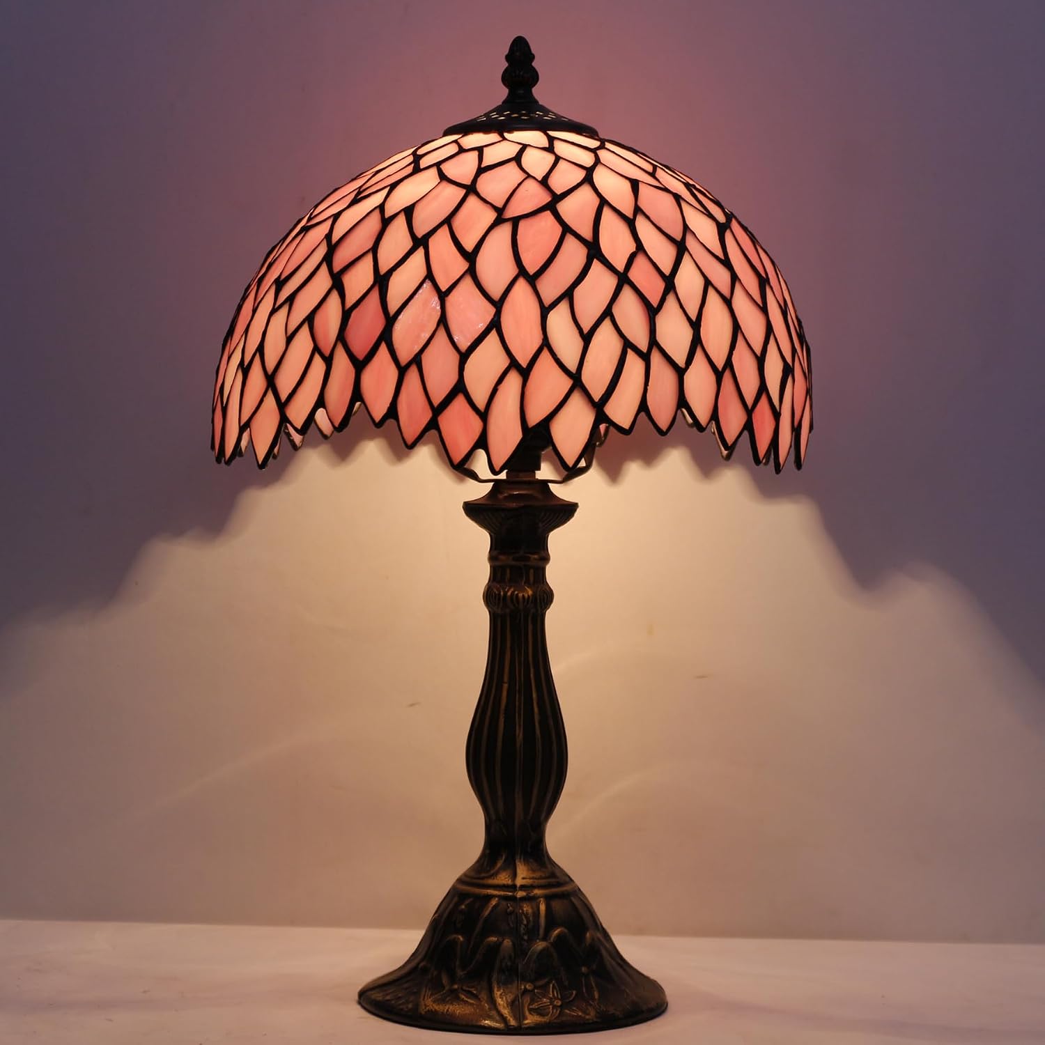 WERFACTORY Tiffany Table Lamp Pink Wisteria Style Stained Glass Desk Bedside Reading Light 12X12X18 Inches Decor Bedroom Living Room Home Office S523 Series