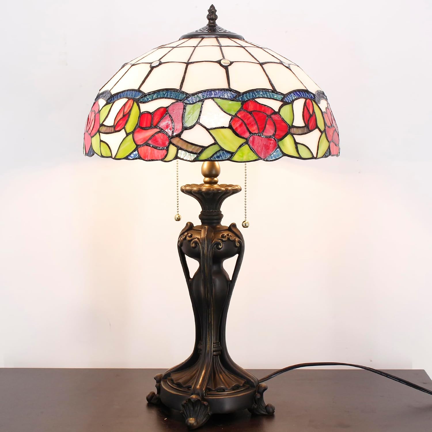 Tiffany Lamp(2 Lights) Stained Glass Table Lamp Bedside Desk Reading Light 16X16X24 Inch Decor Bedroom Living Room Home Office (Red Rose)