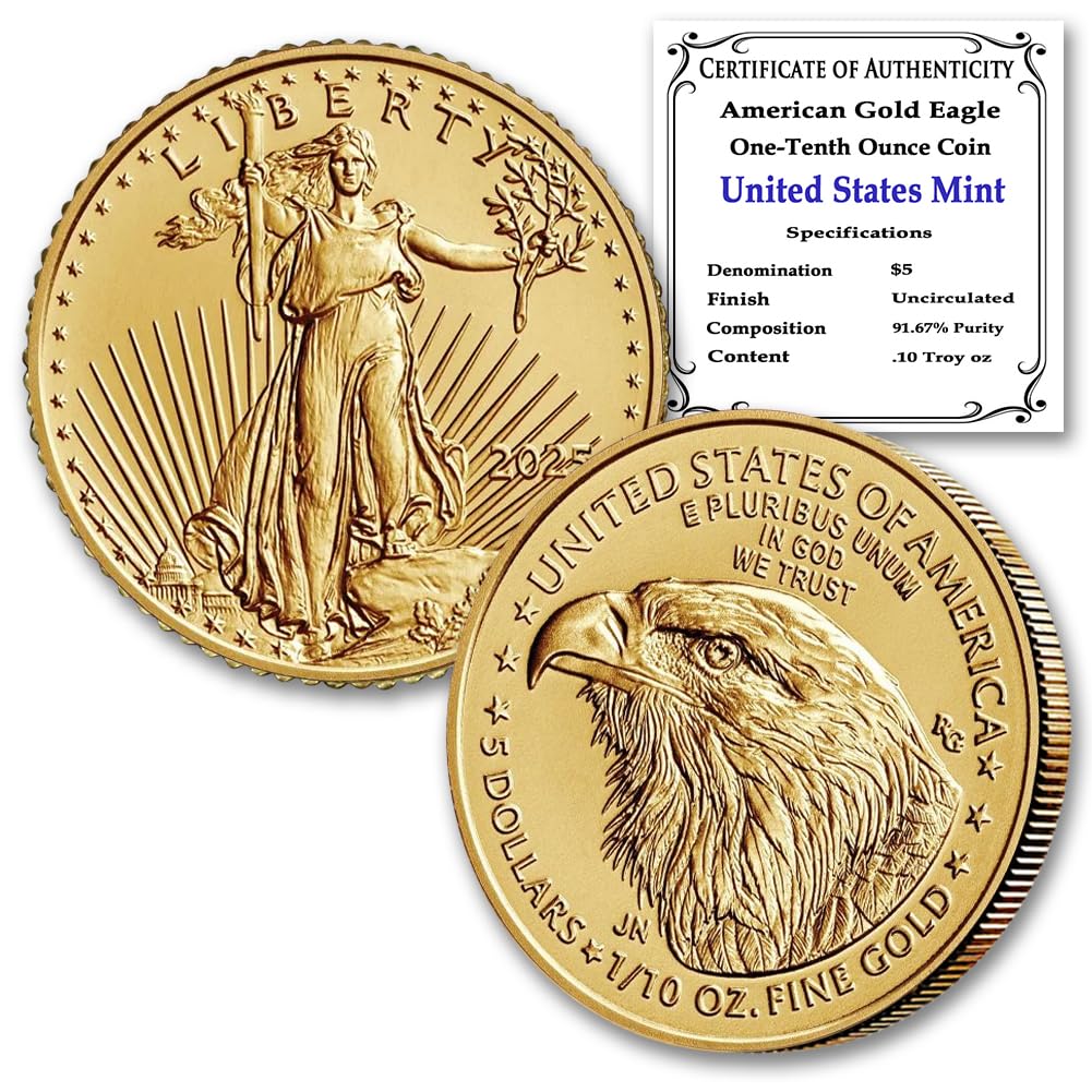 2025 1/10 oz American Gold Eagle Coin Brilliant Uncirculated with a Certificate of Authenticity $5 BU