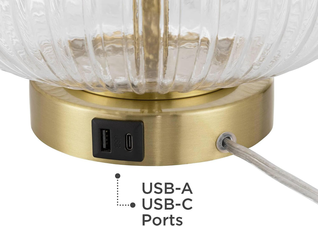 360 Lighting Darrah 20' High Small Mid Century Modern Accent Table Lamp USB Port Clear Glass Gold Brass Finish Single Off-White Shade Living Room Charging Bedroom Bedside Nightstand House Office